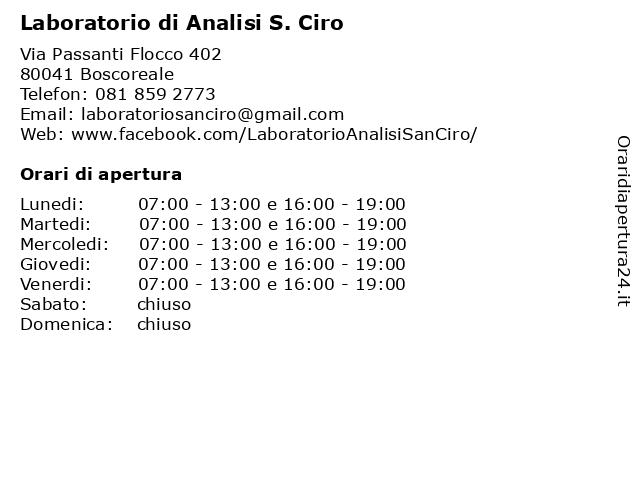 Orari di apertura Laboratorio di Analisi S. Ciro Via